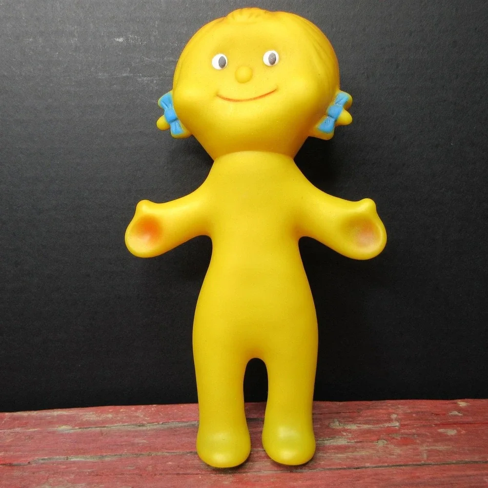 Vintage Ledraplastic Ledra Yellow Smiley Face Girl Doll Rubber Squeak Toy 8